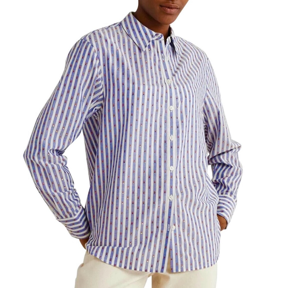 Boden Copper Metallic Clip Blue & White Striped Button Down Shirt Nwt Size 4P
